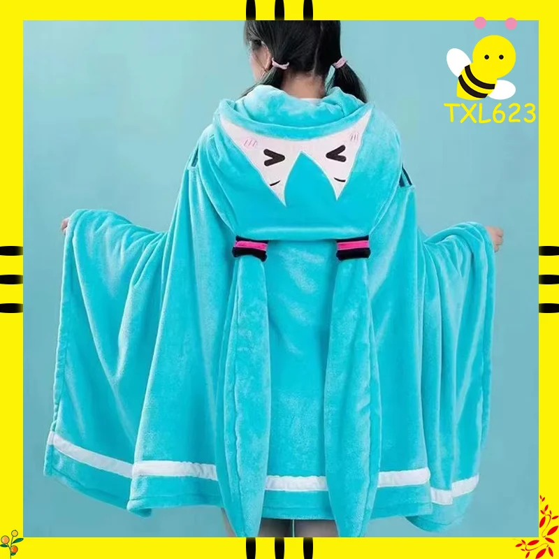 かわいい初音ミク-イタバッグ-多機能フード付きエアコンブランケット-ショール-ソフトで暖かいフランネル-クローク-キュートなシエスタギフト