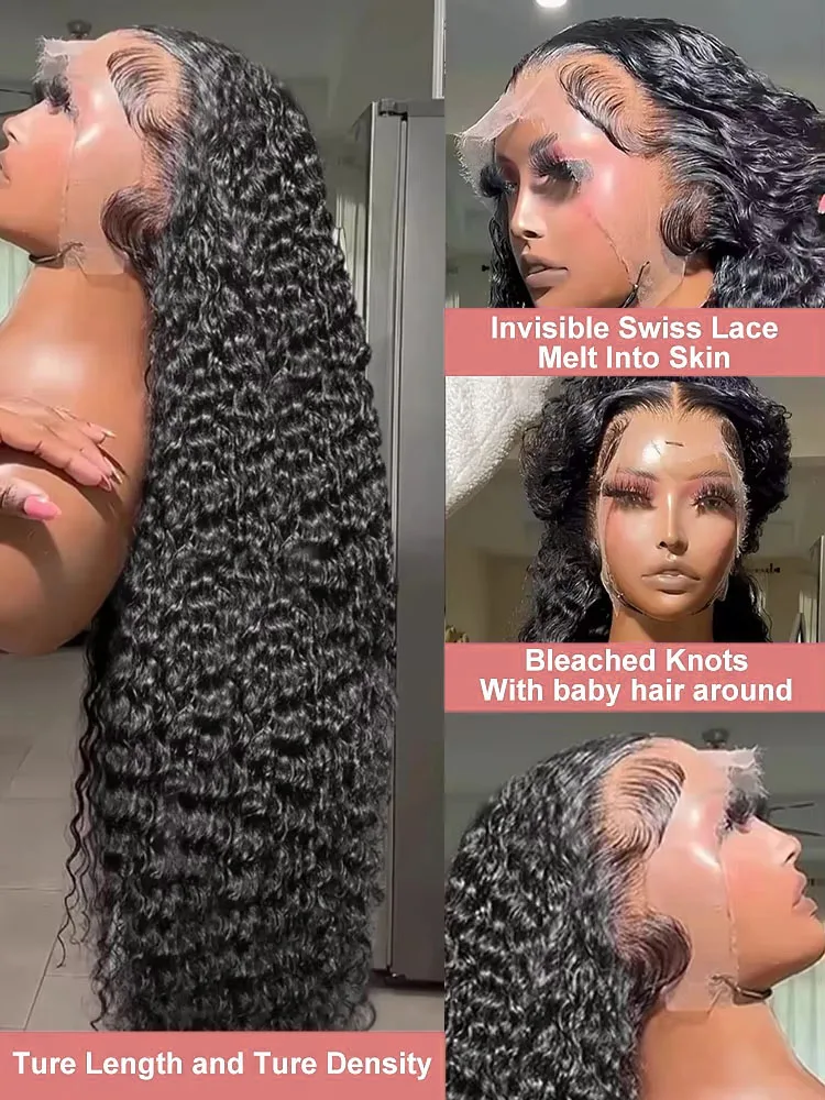 Peruka z ludzkich włosów, głęboka fala, 30-40 cali, typu lace front 13x4 lub 13x6, gęstość 250, kręcone włosy, peruka full lace frontal 360, dla czarnoskórych kobiet.