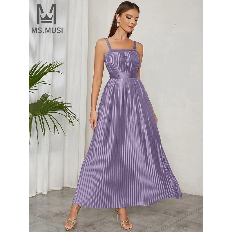 

MSMUSI 2024 New Fashion Women Sexy Solid Strap Draped Fold Sleeveless Backless Bodycon Party Club Event Maxi Dress Long Gown