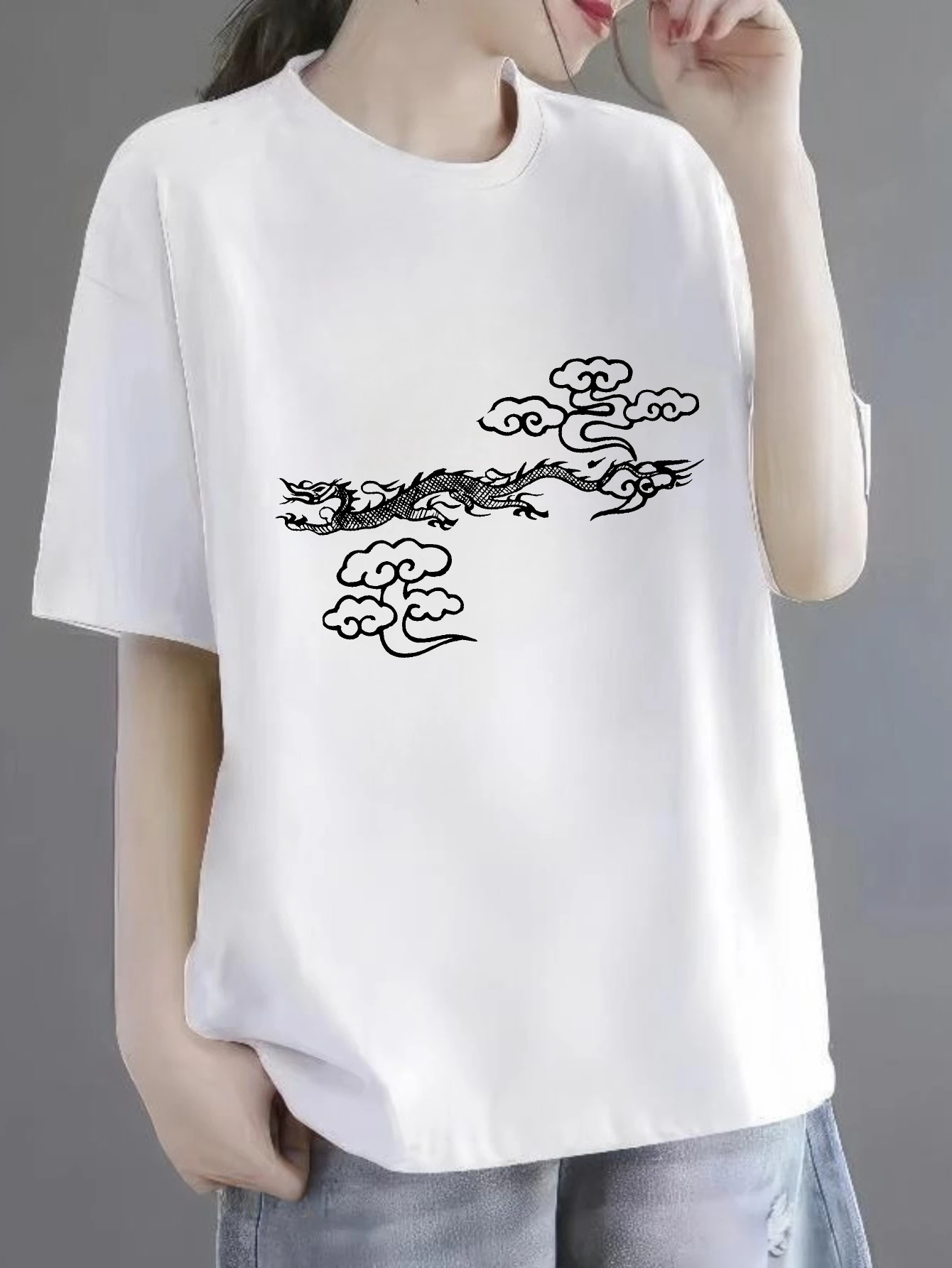 

Women's T-shirts Chinese style Hip-Hop Streetwear t shirt for women Casual 100% cotton Dragon And Clouds Artwork printed tee