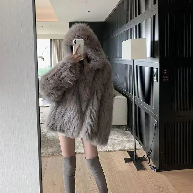 Thicken Hooded High Quality Faux Fur Jackets Winter Warm Imitate Fox Furs Coats Women Furry Jaqueta Korean Luxury Overcoat New