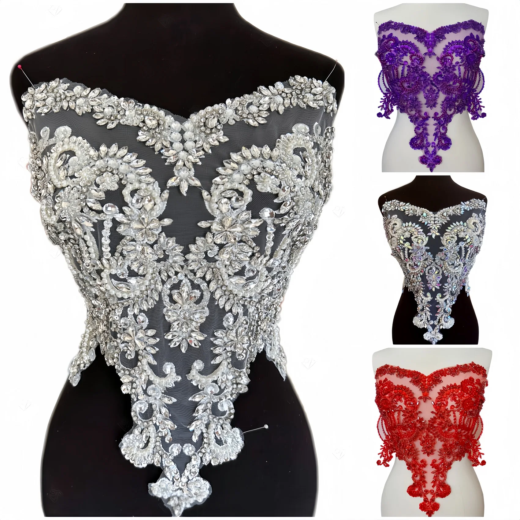 

3D Lace Appliques White AB Color Hand Beaded Glass Rhinestones Crystals For Sewing Wedding Designer Diy Craft Dress Front Bodice