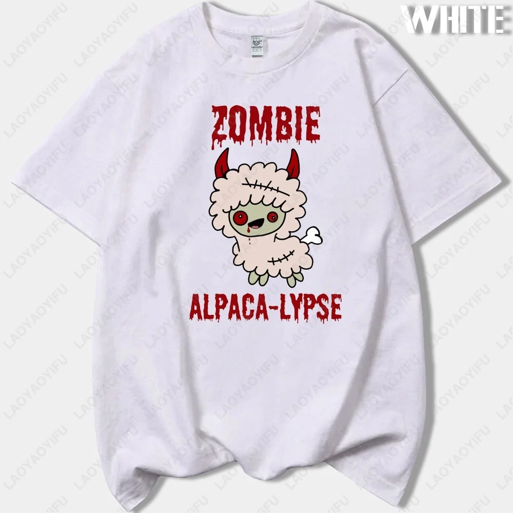 ZOMBIEALPACA-LYPSE Atasan Kaus Cetak Katun Kualitas Tinggi Leher-o Fashion Jalanan Uniseks Klasik Humor Hitam Alpaka Hitam