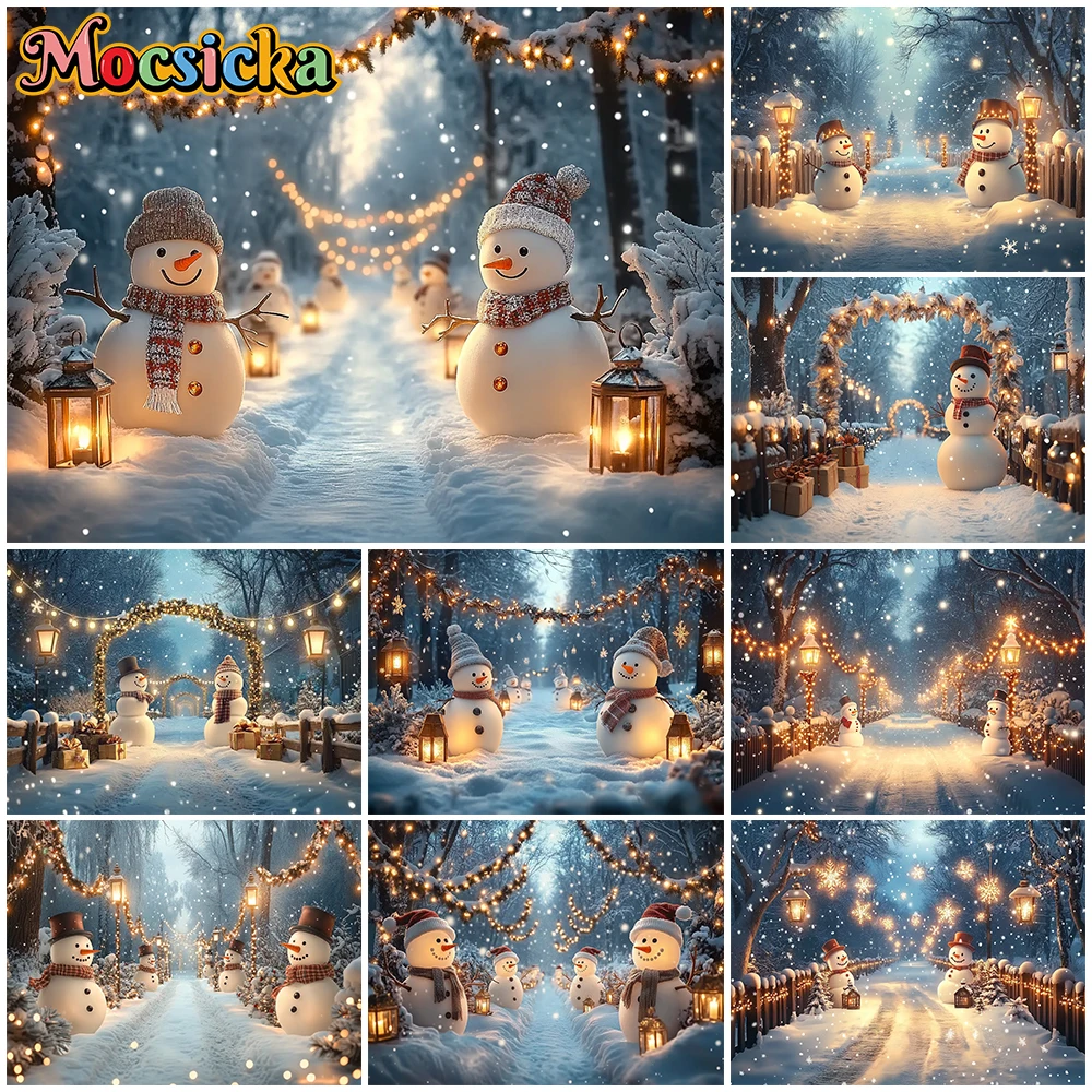 

Mocsicka Winter Snowman Background Photography Christmas New Year Party Snow Tree Path Lamp Decorations Photo Backdrop Wallpaper