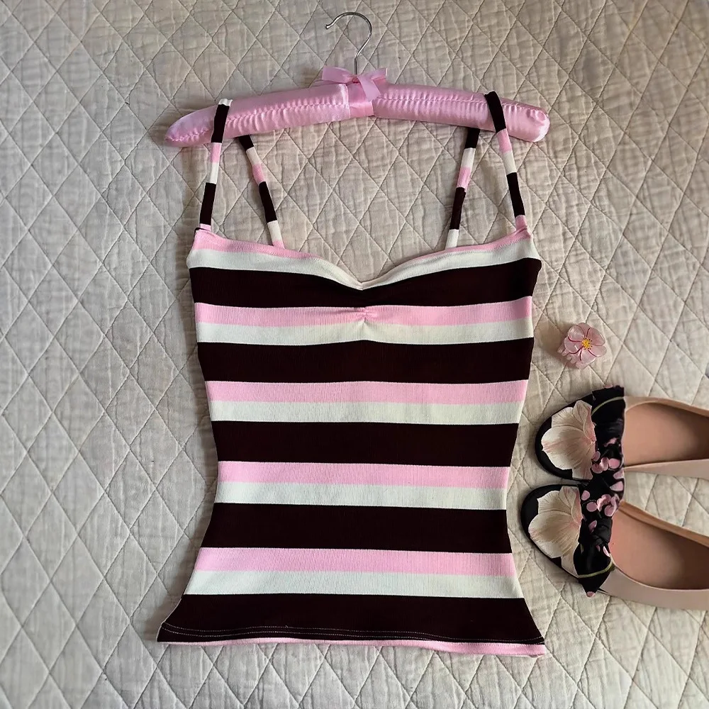 Top Corto Rosa Marrón a Rayas para Mujer 2026 con Escote Corazón y Detalle Fruncido, Doble Tirante, Ajuste Delgado, Estilo Y2K, Ropa Urbana