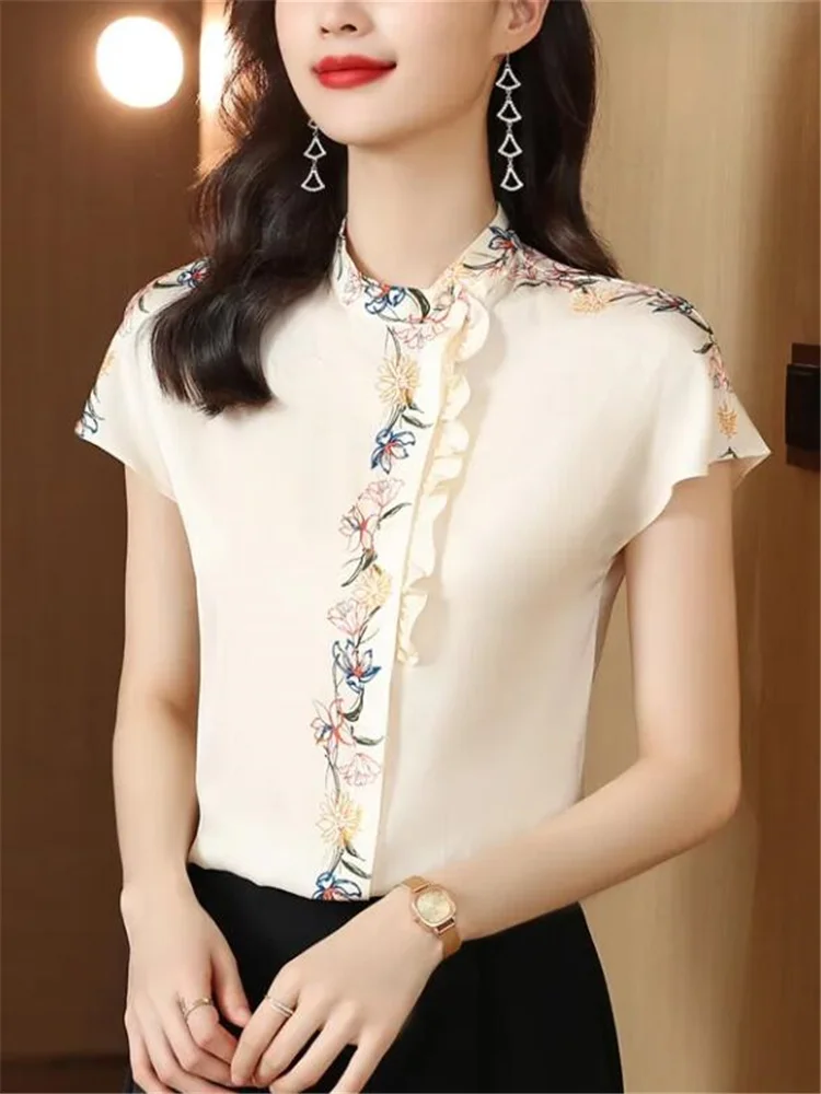 Silk Blouses Short Sleeve For Women Summer Tops Fashion Retro Printed Top Woman Shirt OL Simple Button Shirt Ruffle Female Blous