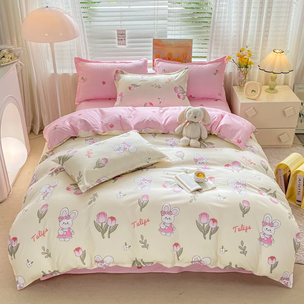 

3/4 Piece of Pink rabbit pattern bedding set,duvet cover bedsheet pillowcase,bed sets,quilt cover pillowcover,king queen full