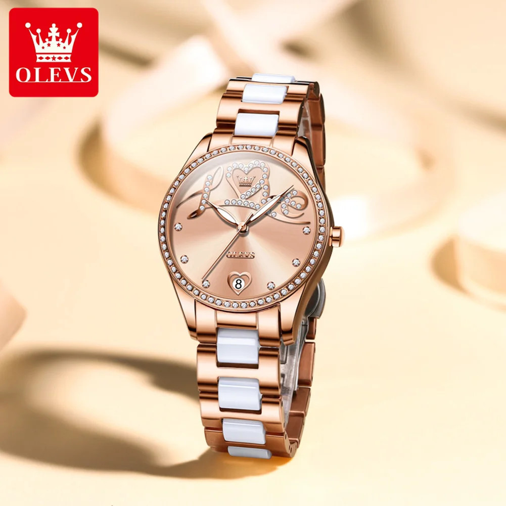 OLEVS Brand Luxury Ceramic Mechanical Watch for Women Waterproof Luminous Fashion Rose Gold Automatic Watches Women Montre Femme