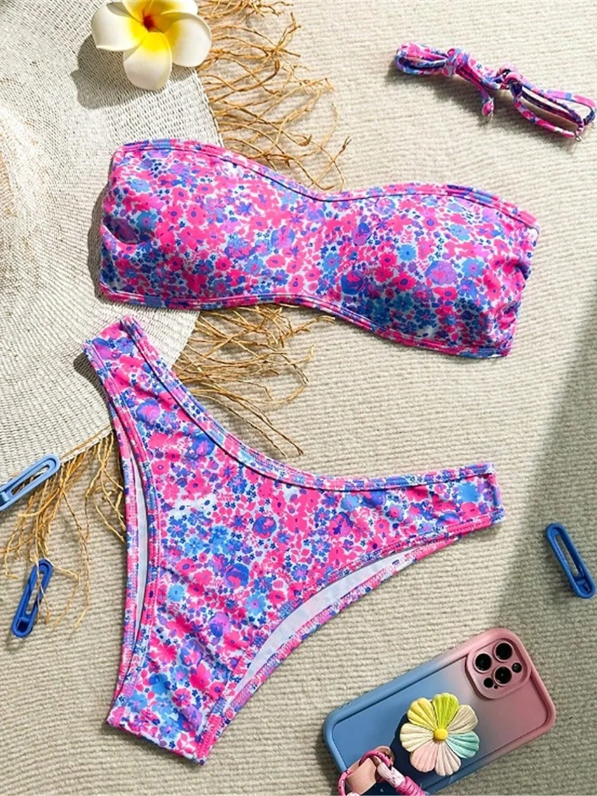 

XS - L Printed Flowers Floral Bandeau Bikini Women Swimwear Female Swimsuit Two-pieces Bikini set Bather Bathing Suit Swim K6934