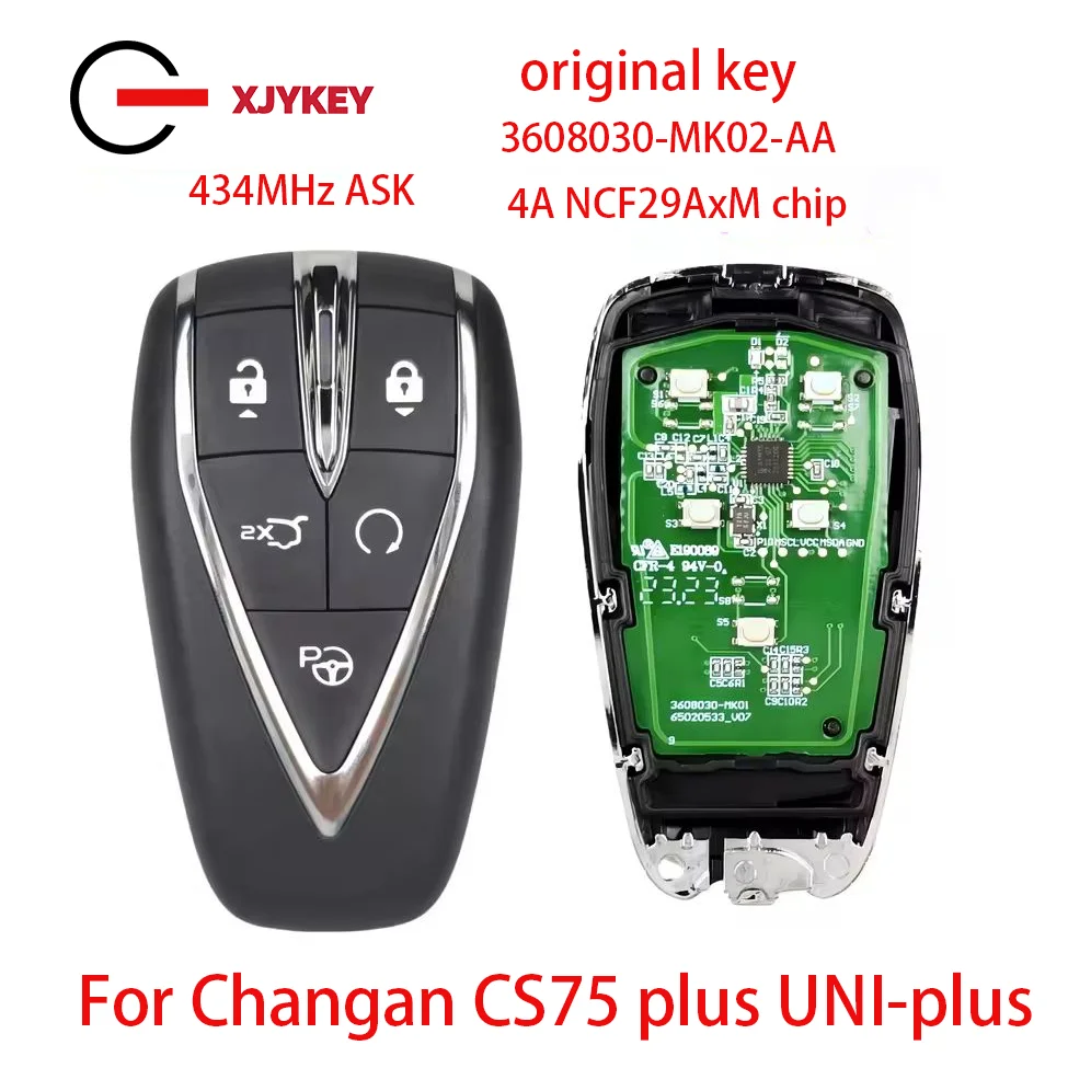 

XJY Original Smart Remote Key 5 Button for CHANGAN UNI-T CS75 Plus EADO Plus Car Keyless 4A Chip 433MHz 3608030-MK02-AA