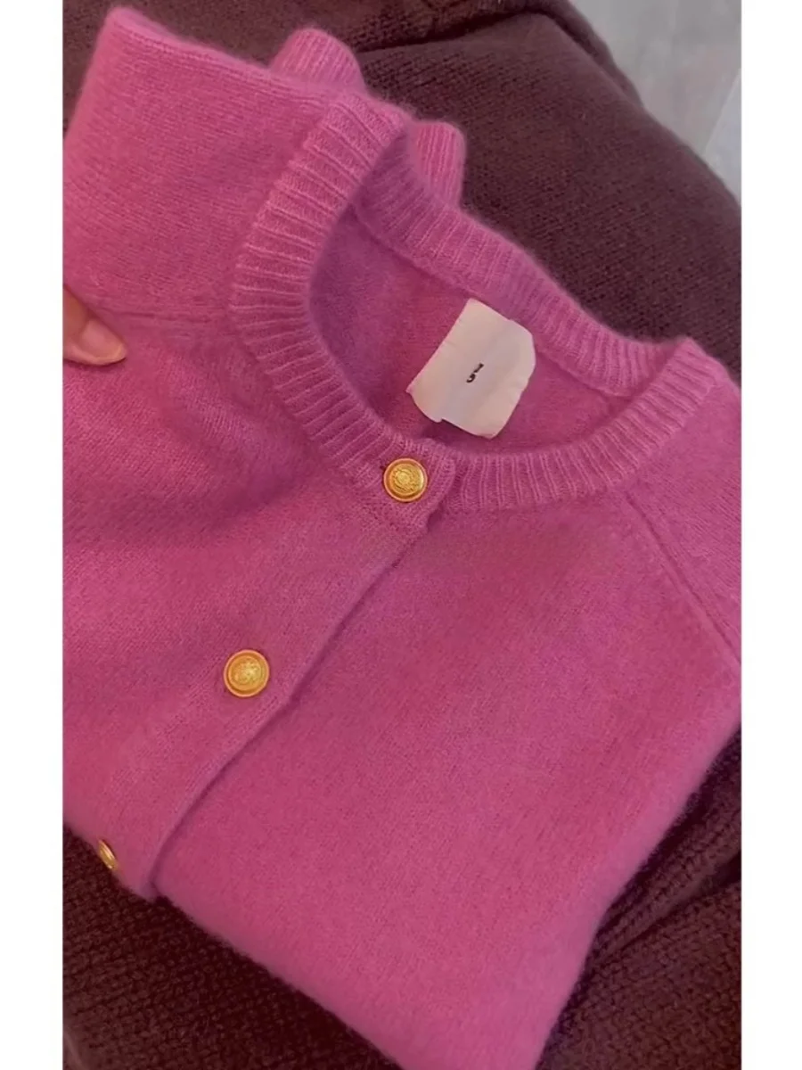 

Кардиган женский вязаный из мягкого плюшевого меха цвета малины, осенний, модный, повседневный, с длинным рукавом, круглым вырезом, на пуговицах