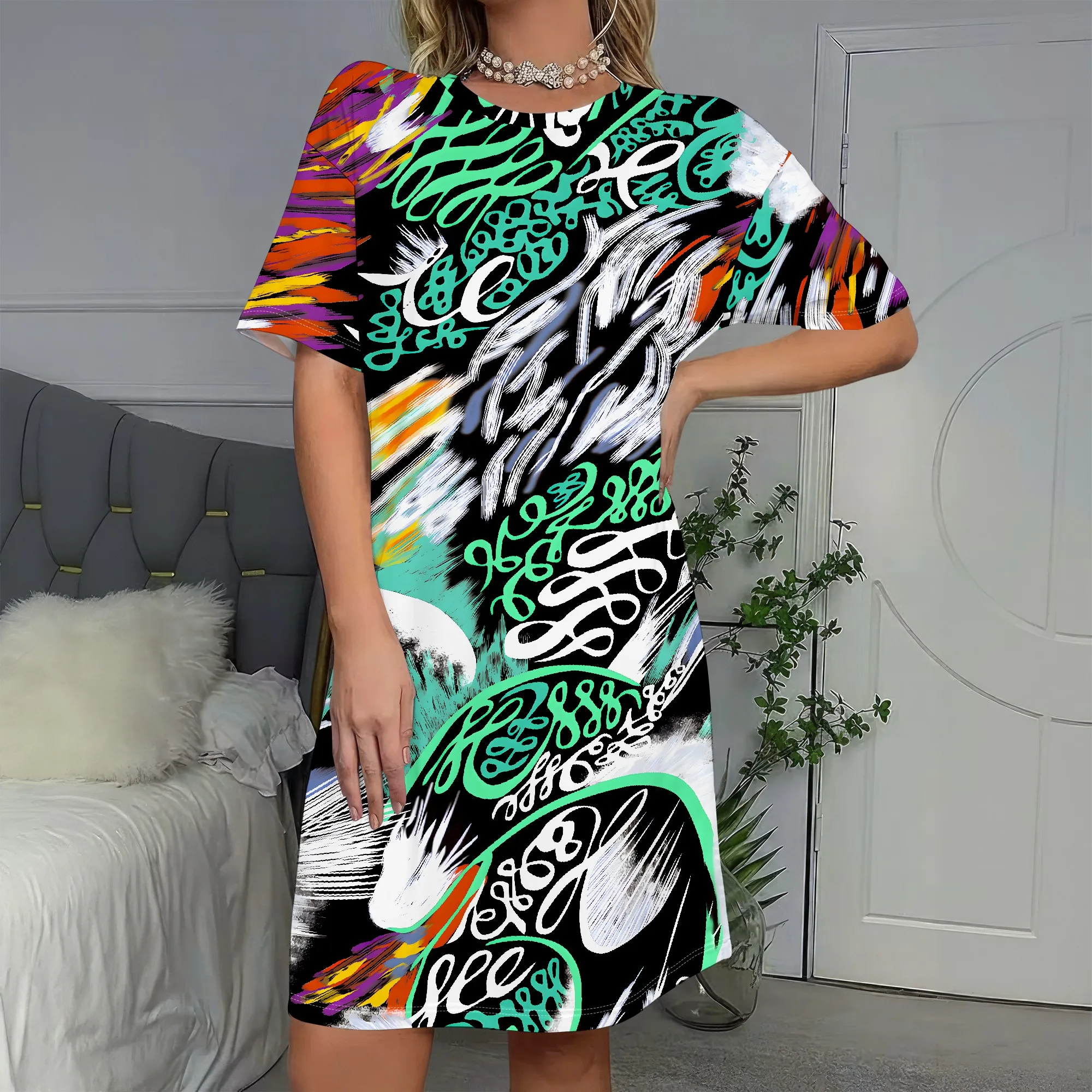 

Graffiti Print, Short Sleeve Dress, Abstract Art Tee, Colorful Streetwear, Summer Fashion, Women's Casual Wear, S-2XL
