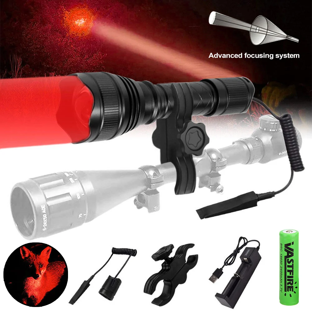 500 Yards Zoomable Flashlight Red/Green/White Hunting Torch 1 Mode High+Remote Pressure Switch+Rifle Scope Mount+18650+Charger