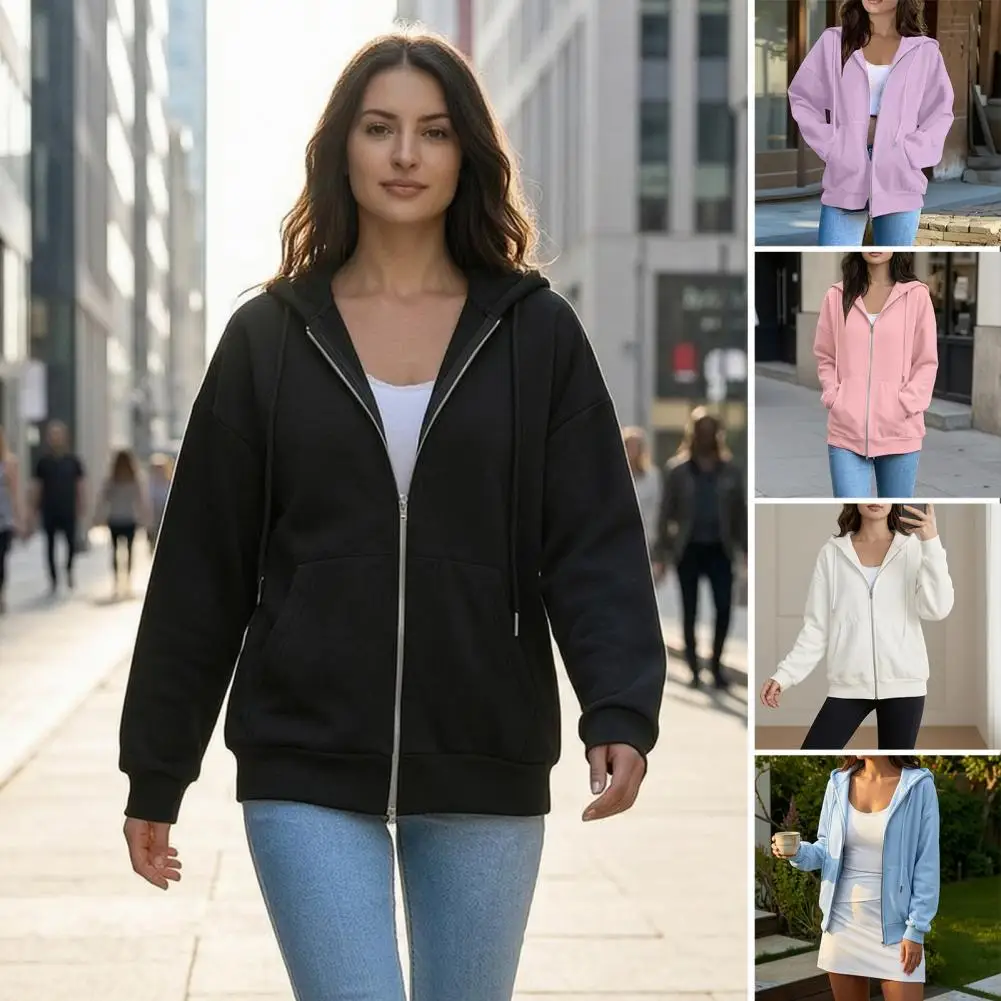Hooded Solid Women Hoodies Zipper Sweatshirt Long Sleeve Cardigan Outerwear Loose Fit Casual Pockets Autumn 2026 Spliced
