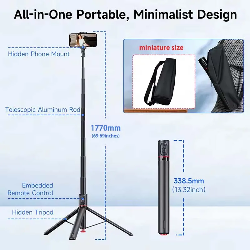 1770Mm TT01 Tripod Auto Pop Open Stand Bounce Selfie Stick Phone Holder dengan Remote Control Magnetik untuk Perekaman Video Vlog
