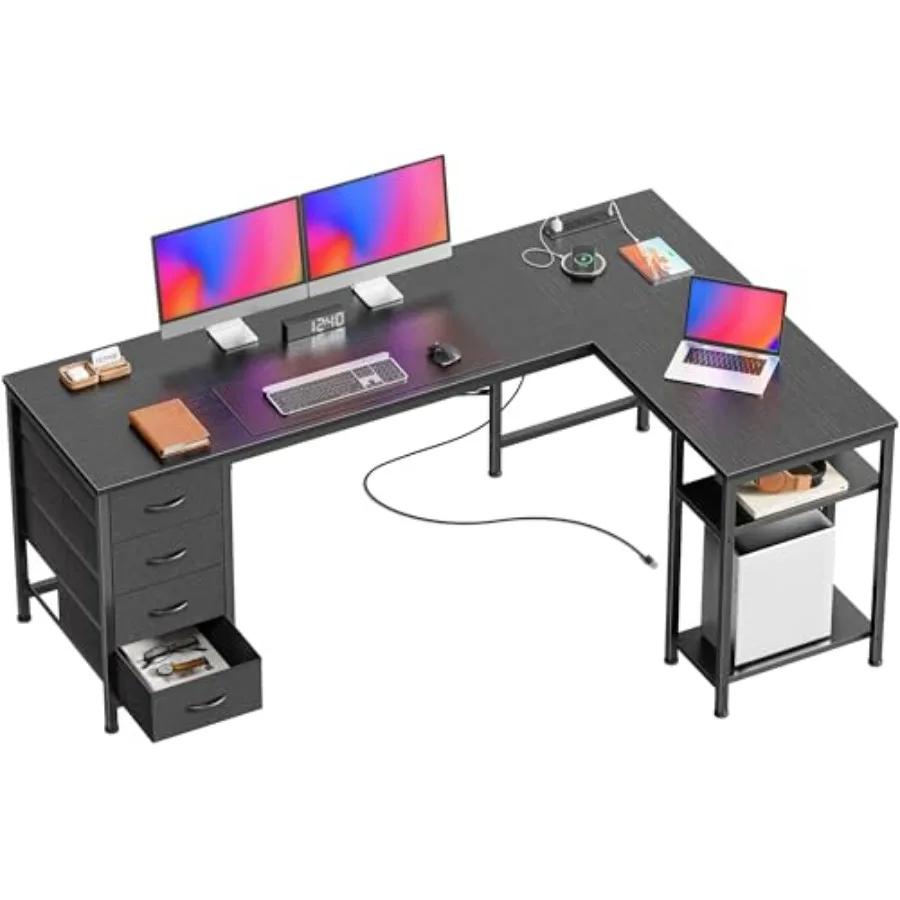 

63-дюймовый угловой компьютерный стол с тканевыми ящиками, реверсивный игровой стол с розетками и портом USB-C, регулируемая боковая полка