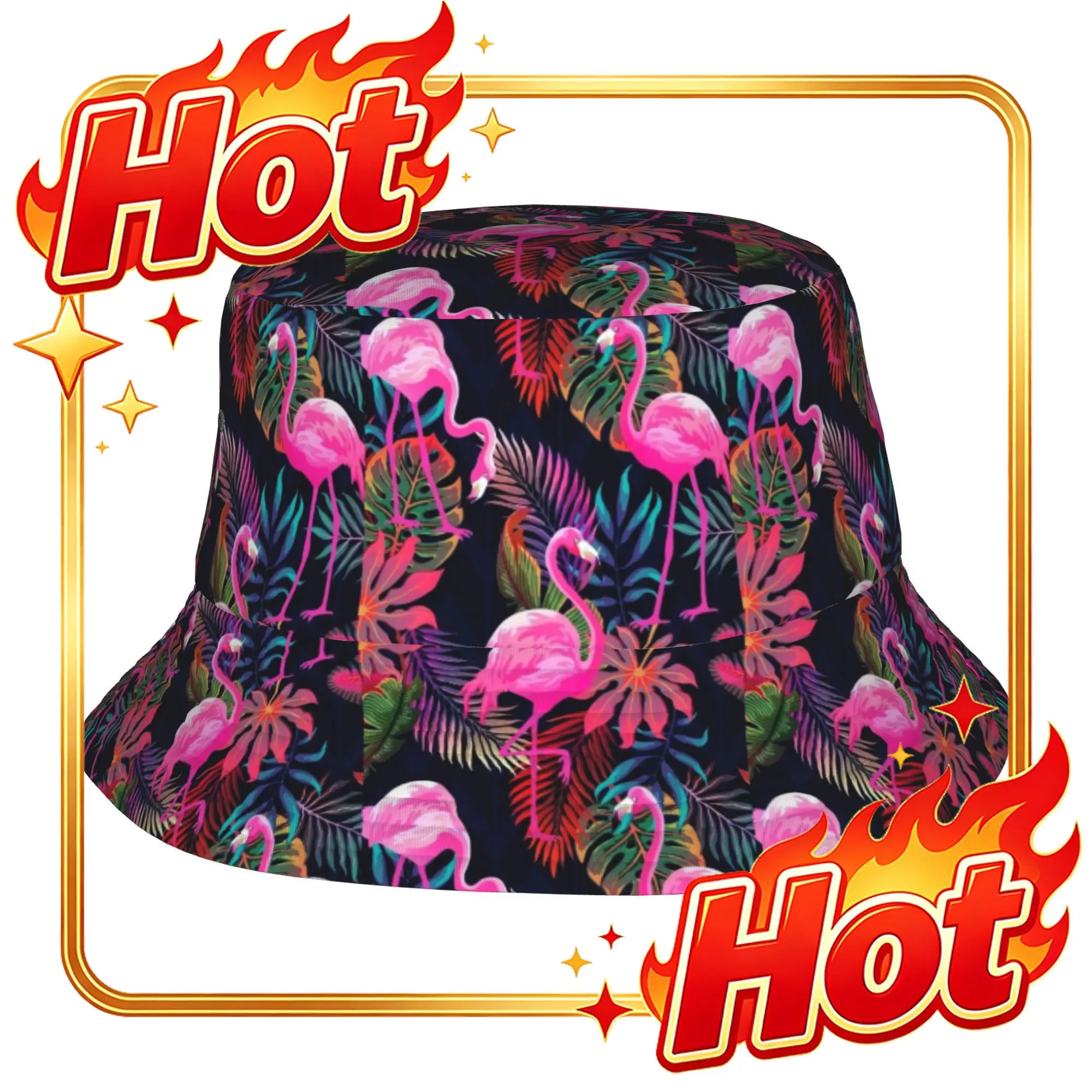 Custom 1pc Flamingos, Tropical Leaves, Summer Vibe Fully Printed Fisherman Hat, Unisex Outdoor Sun Hat, Sun Hat, Fashionable