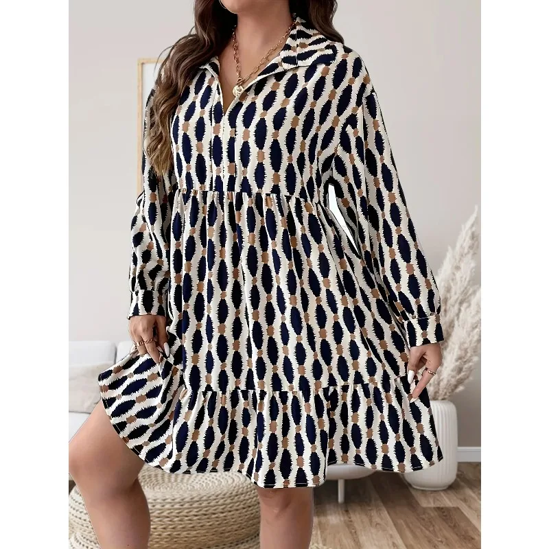 

Plus Size 1XL-5XL Autumn New Women's Fashion Long Sleeved Lapel Printed Dress Elegant Women Casual Dress