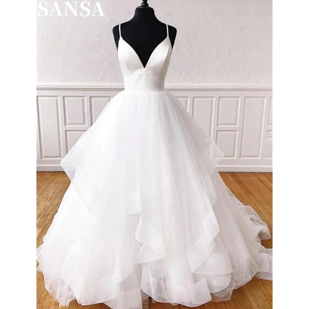 

Sansa Formal A-Line Lace Porm Dress Customized Floor-Length V Neck Wedding Dresses Multilayer Spaghetti Strap Vestidos De Fiesta