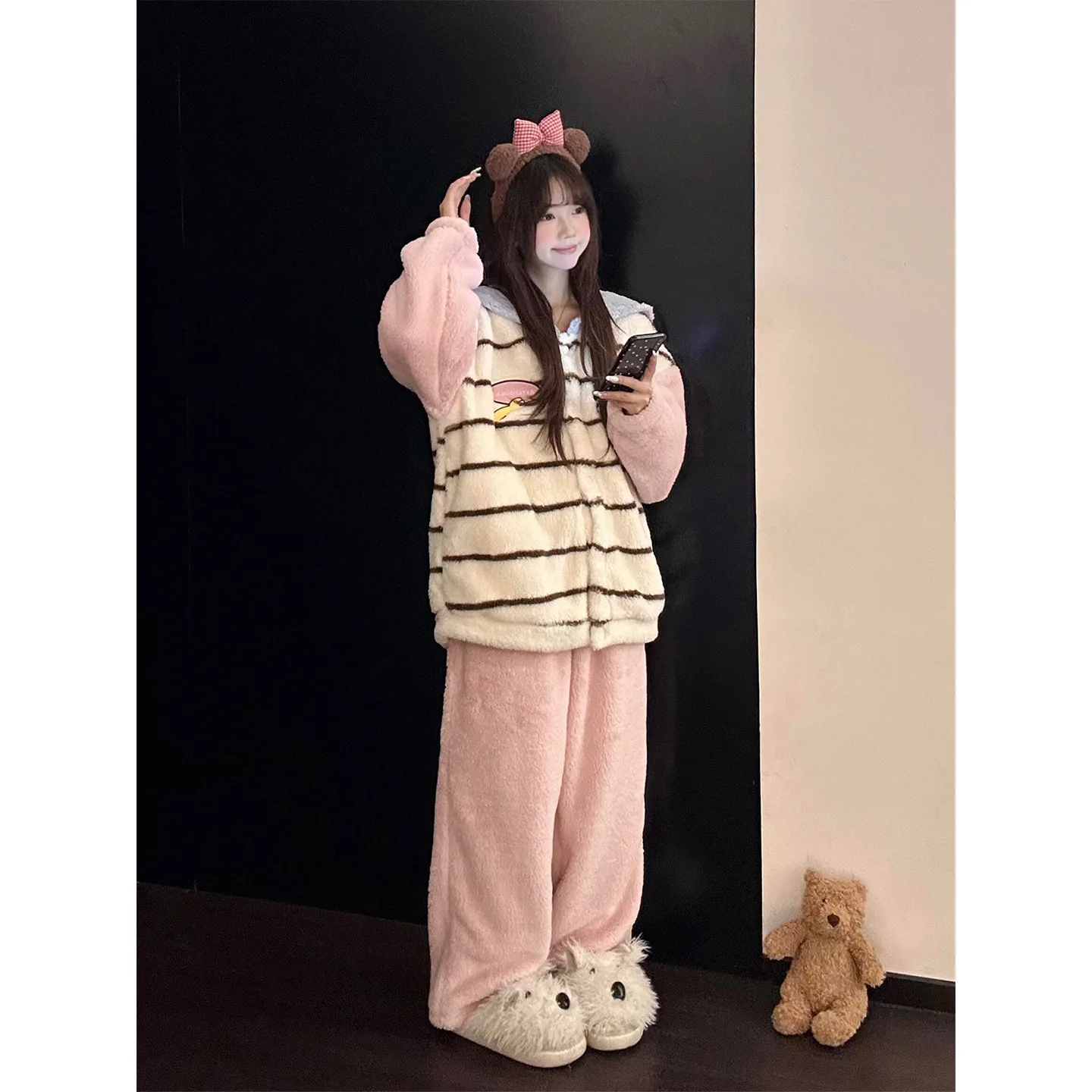

Winter Thick Warm Pajamas Set Coral Fleece Fashion Casual Loungewear Set Coedna Girls Sleepwear Sweet Pink Outdoor Home Wear