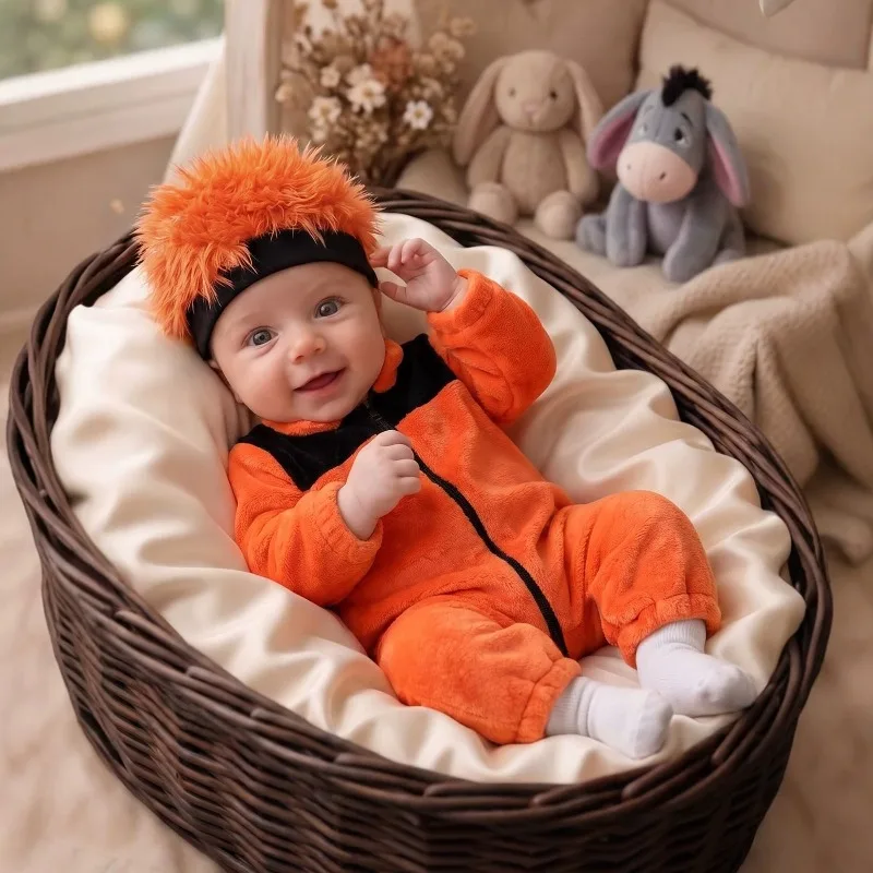 Newborn Infant Baby Boys Girls Orange Plush Hooded Jumpsuit Romper Warm Fleece Costume With Fuzzy Hair 0 24M