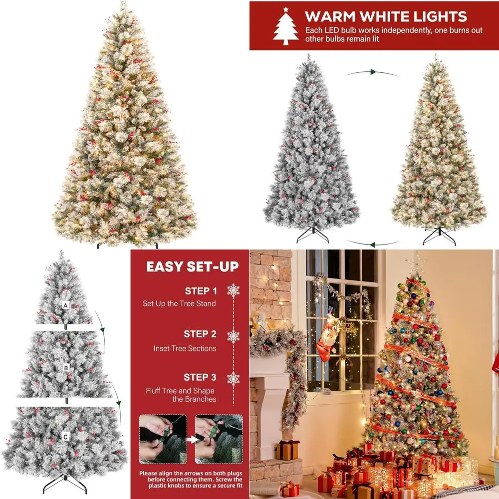 شجرة عيد الميلاد الاصطناعية الثلجية بطول 7.5 قدم مع 450 مصباح LED، وأطراف فرع 1446، وحامل معدني #1