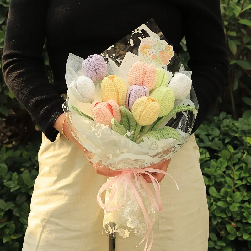 Crochet Tulip Hand Bouquet, Knitted Yarn Flower Gift for Mother & Girlfriend, Realistic Artificial Plant for Women's Day view 2