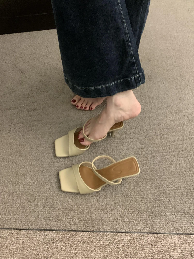 

Women's Summer Outdoor High Heels Fairy Sle Slip-On Sandals with Bule Skirt Matching Thi Heel Korean Sle Daily Wear