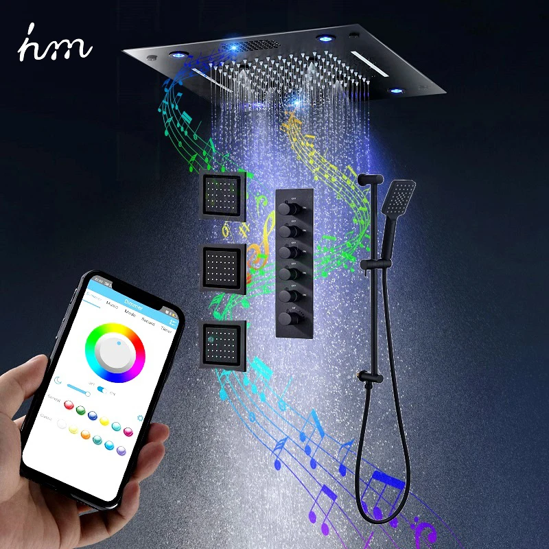 

hm Newest Music Shower Set Bathroom Colorful LED Lighting Rain Waterfall Thermostatic 16 Inch Black Showerhead Faucet System