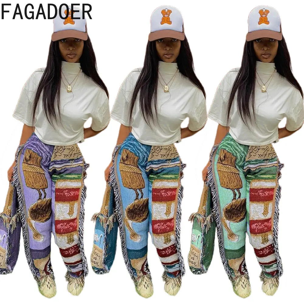 

FAGADOER Casual Paisley Print Tassel Pants Women High Waist Loose Pattern Print Trousers Fashion Female Vintage Clothing Bottoms