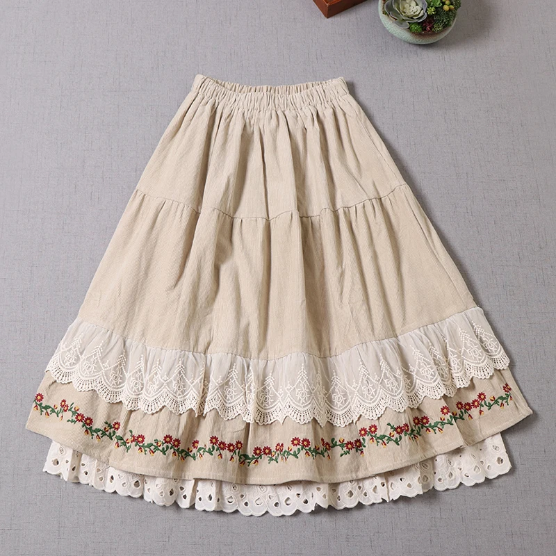 Sweet Lace Floral Embroidery Double Layer Corduroy Skirt Women Autumn Winter New Japan Style Elastic Waist Thicken A-Line Skirts