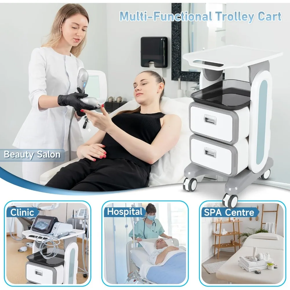 عربة ترولي مع درجين، عربة دوارة بالموجات فوق الصوتية المتنقلة مع عجلات وصواني، عربة تخزين أدوات تحميل 150 رطلاً