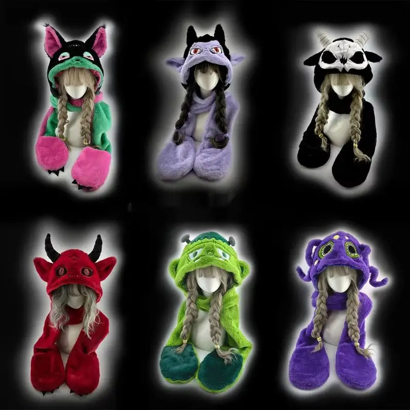 Dark Cartoon Plush Winter Warm Niche Hat Gloves Scarf Integrated Ear Protection Hat Kawaii Winter Accessories Halloween Gifts