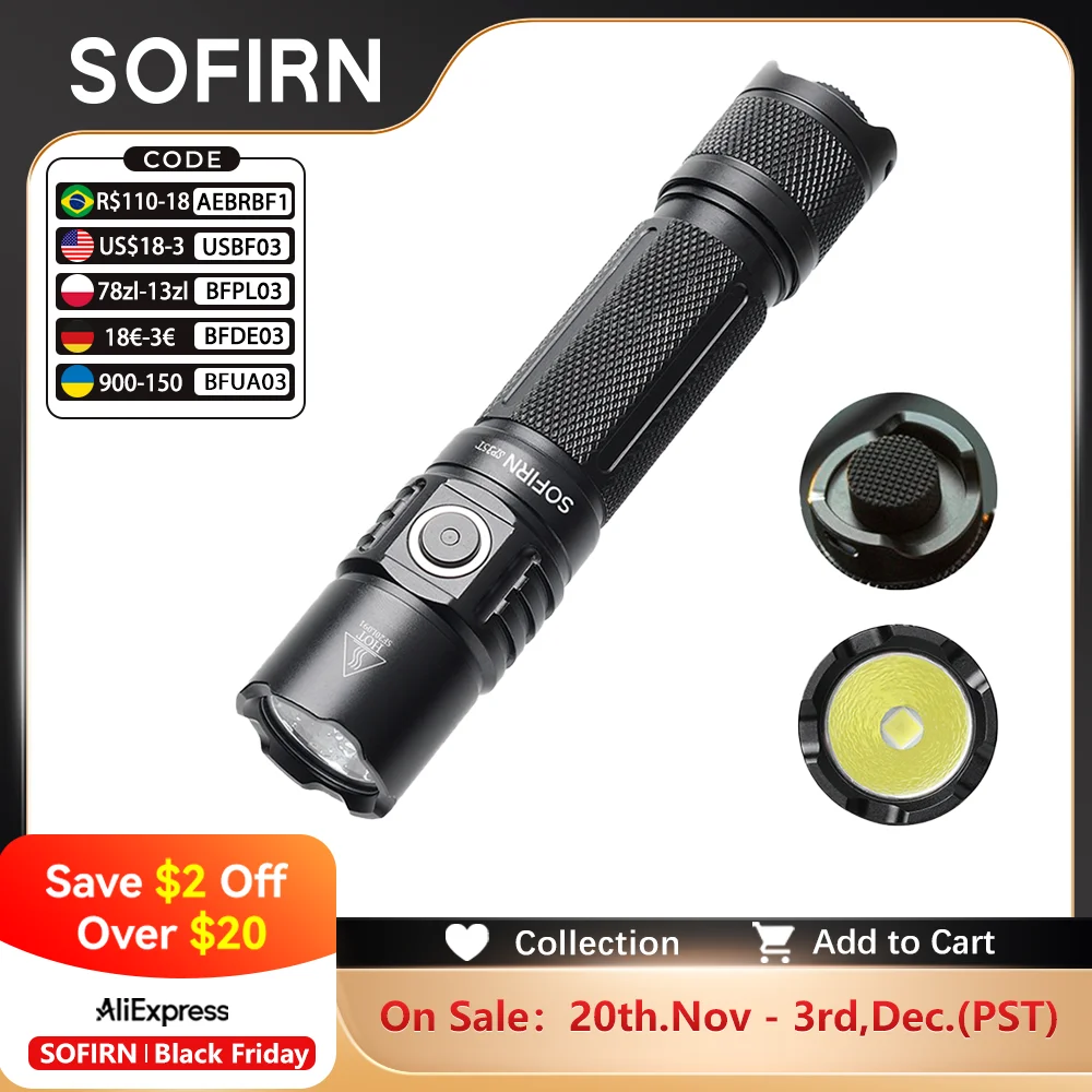 Sofirn SP35T 3800lm ยุทธวิธี 21700 ไฟฉายไฟ LED ที่มีประสิทธิภาพ USB C ชาร์จไฟฉายแบบ Dual SWITCH ไฟแสดงสถานะ ATR