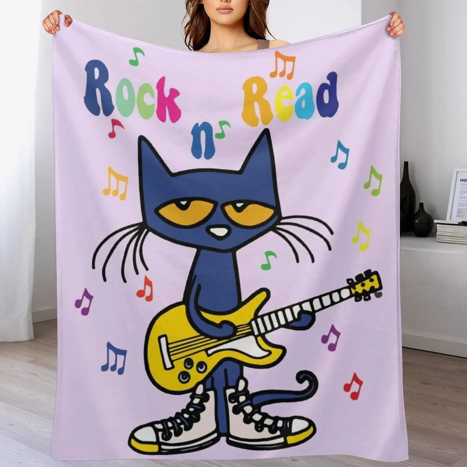 Rock and Read Pete the Cat with his yellow Guitar and white Shoes Throw Blanket Breathable Lightweight Blanket for Adults Kids