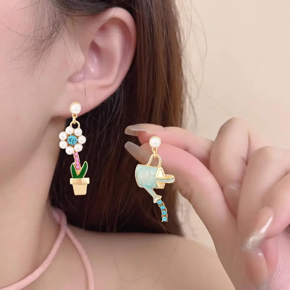 Flowerpot Earrings Alloy Jewelry Elegant Flowerpot Kettle Dangle Earrings with Rhinestone Faux Pearl Decor for Daily Wear