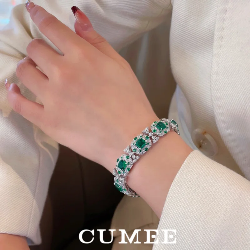 CUMEE Classic full diamond luxury cultivated emerald bracelet for Women. Silver gold-plated