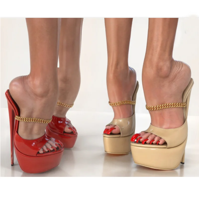 

Red Chain Hollow Platform Sandals Matte Thin High Heel Sexy Fashionable Cool Summer Casual Big Size Woman Shoes Zapatillas Mujer