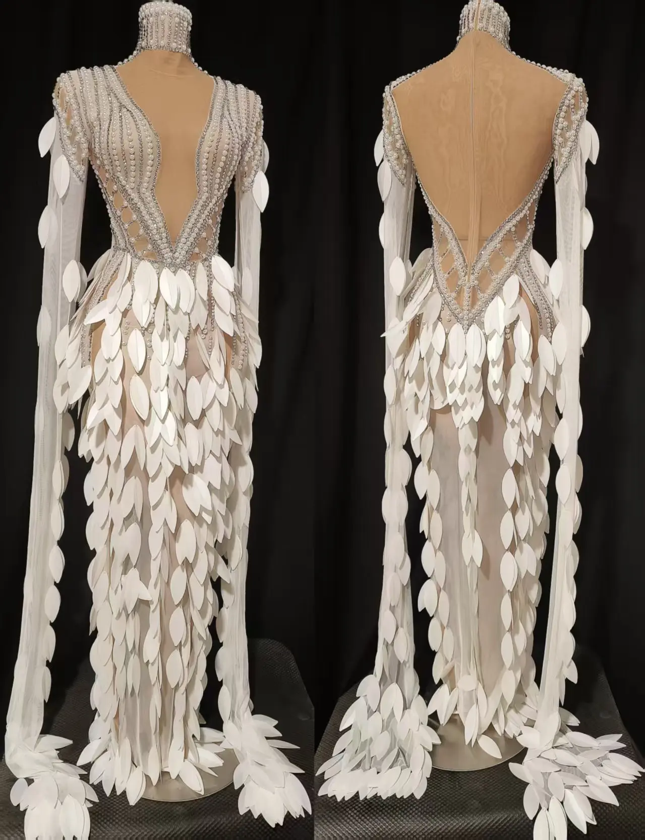 

Sparkly Diamond Pearls Long Sleeves Mesh Sheer Maxi Dress Elegant Eveing Birthday Party Sexy Nightclub Performance Stage Costume