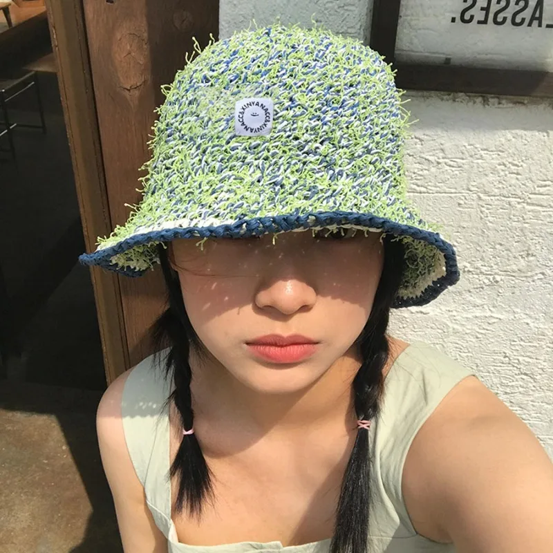 

Korean Version of Hand-mixed Yarn Woven Bucket Hats Women Ins Early Autumn New Versatile Fashion Retro Short Brim Basin Caps