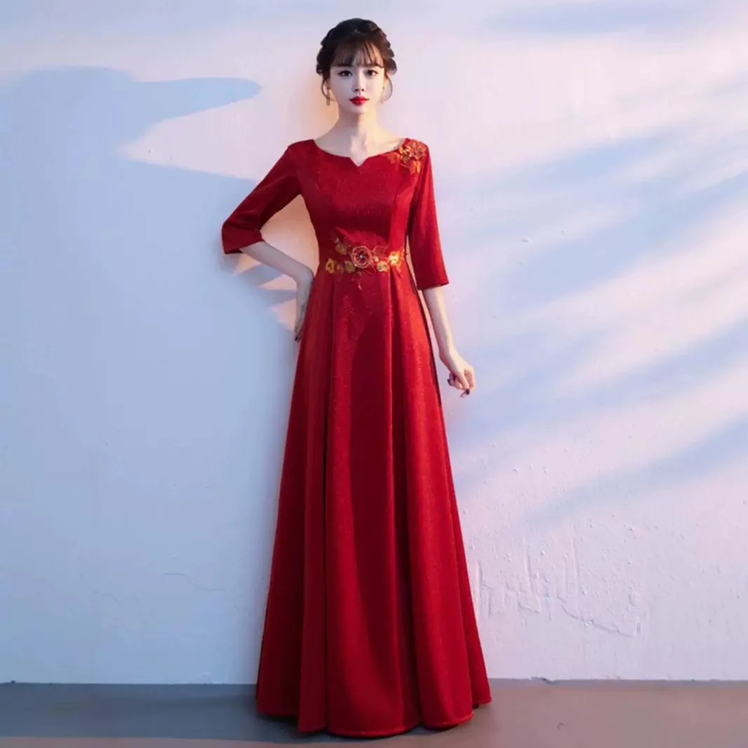 Chorus Costume 2024 New Evening Dress Female Graduation Recitation Red Song Host Long Women's Clothing