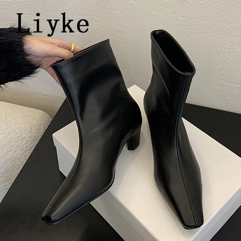 Liyke Autumn Winter PU Leather Ankle Boots Women Fashion Square Toe Short Booties Female Low ThicK Heels Party Shoes Size 35-40