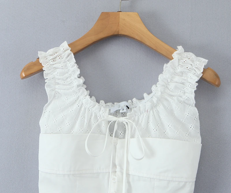 Dave&Di Minimalist White Sleeveless Shirt French Elegant Country Style Lace Cotton Shirt Top Summer Blouse Women Tops