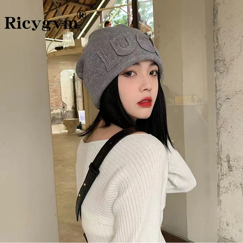 RICYGVM Loose Baggy Slouchy Beanie For Women Autumn Winter Warm Woolen Knitted Hat Luck Letter Skullies Cap Big Head Bonnet kpop