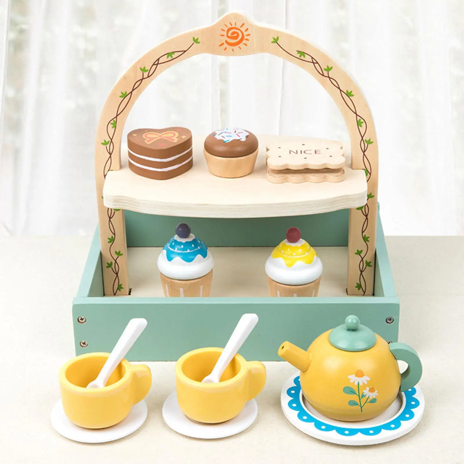 Set da tè in legno per bambine, giochi di ruolo con supporto per cupcake, giochi di finzione, accessori da cucina per ragazze di 3 4 5 anni