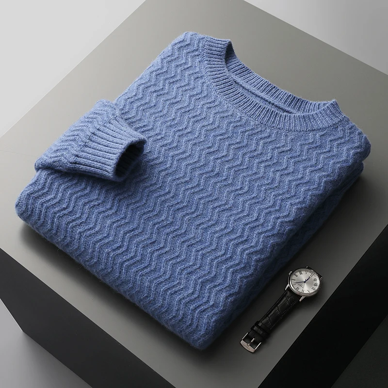 Winter New Men's 100% wool Cashmere Sweaters Thicken Pullovers O-Neck Ripple Loose Plus Size Tops Business Casual Knit Jackets