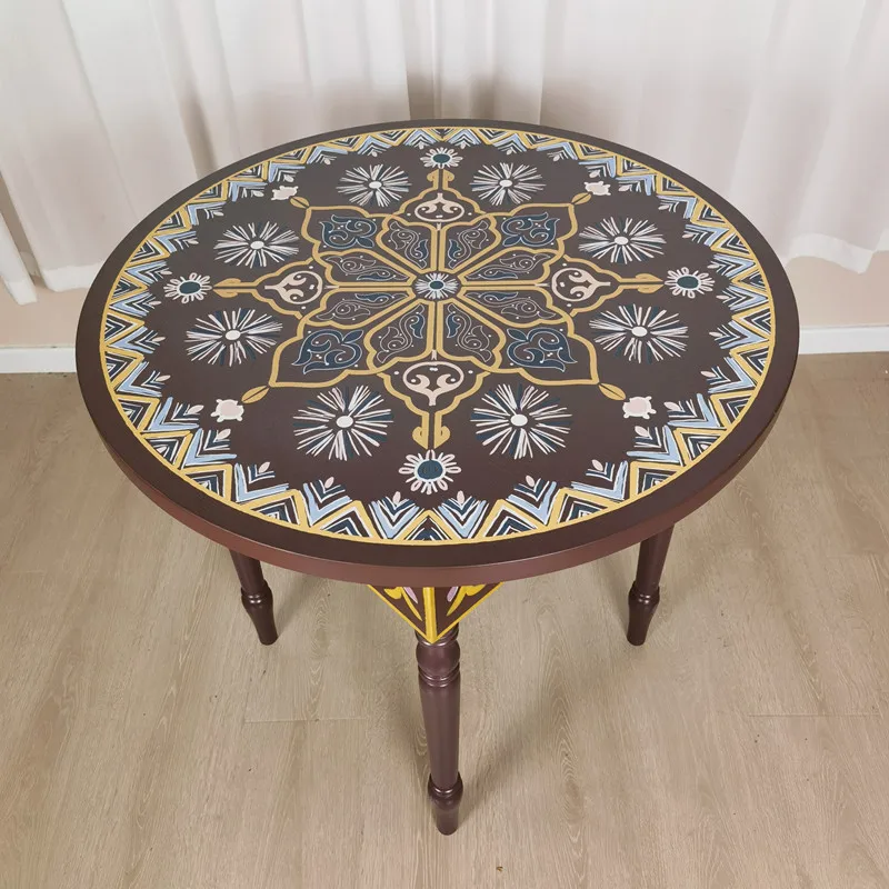 Solid wood carving flower coffee table round table retro moroccan wood painted round edge table
