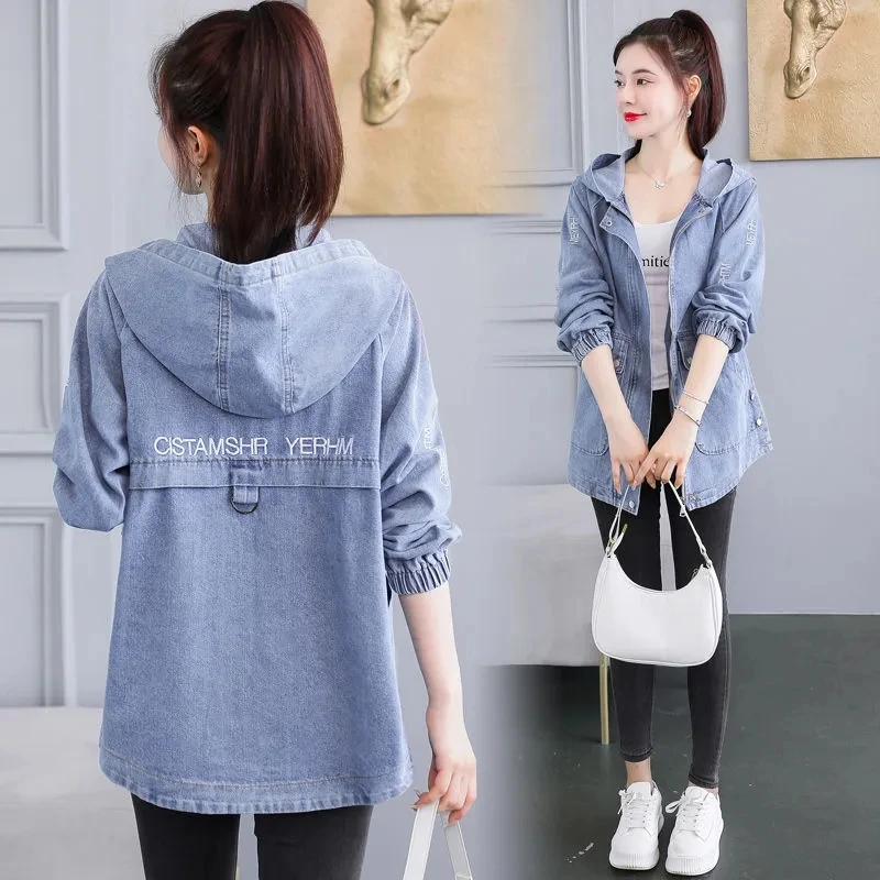 Denim Jacket Womens Long Spring Autumn Korean Embroidered Letters Versatile Jeans Coat Female Loose Hooded Casual Cowboy Tops