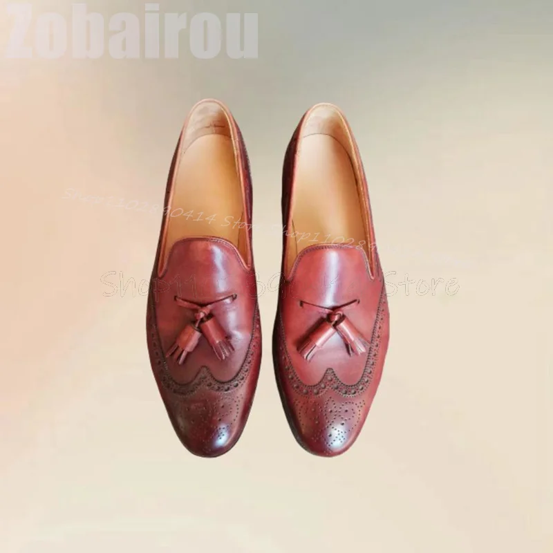 Burgandy-mocasines de decoración con borlas de punto para hombre, zapatos informales sin cordones, hechos a mano, de lujo, para fiesta y banquete