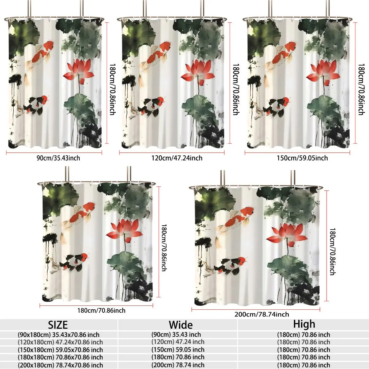Elegant Watercolor Koi Fish and Red Lotus Flower Pattern Shower Curtain Waterproof Bathroom Decor 180x180cm